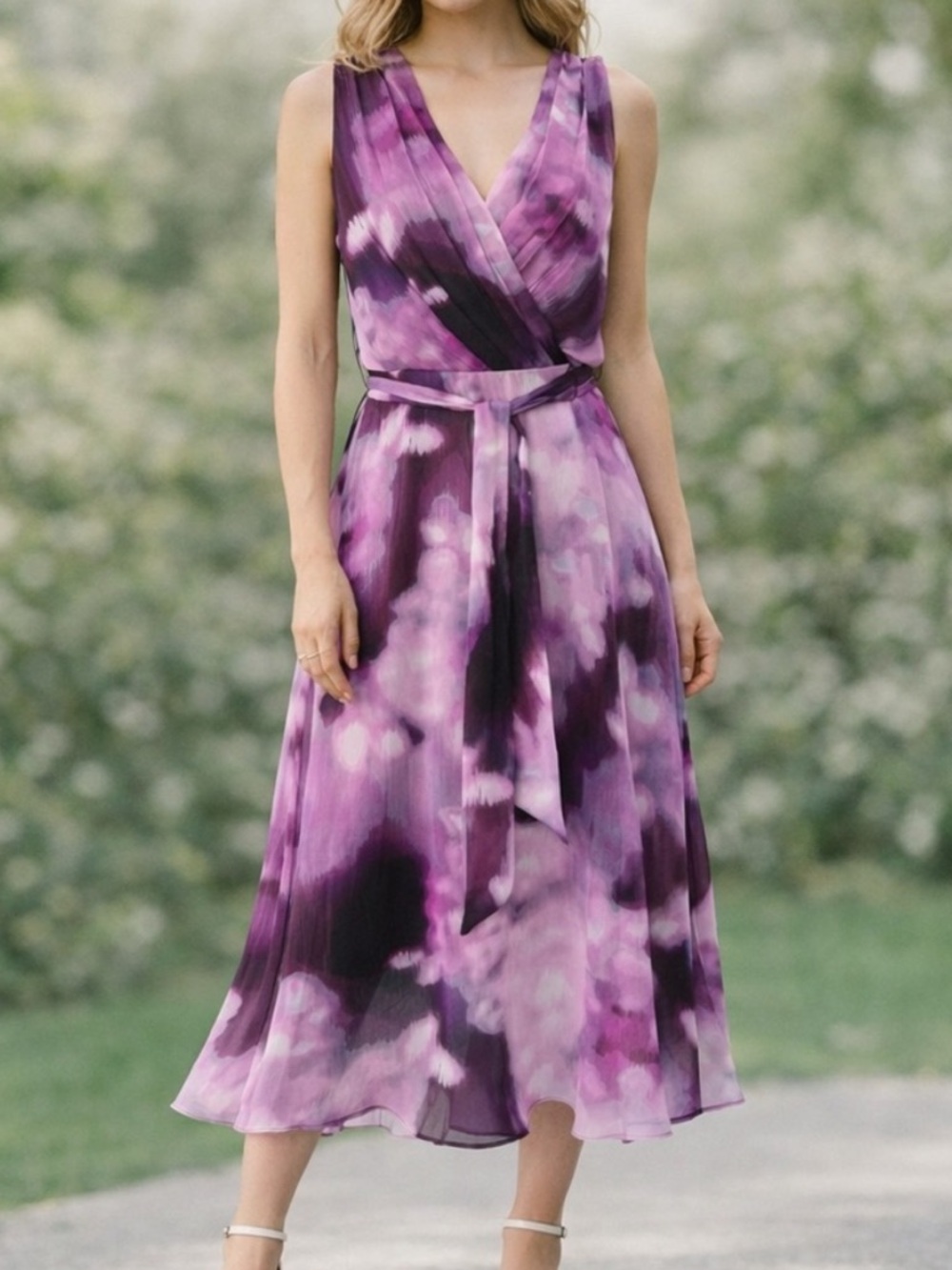 DKNY Purple Watercolor Wrap Midi Dress